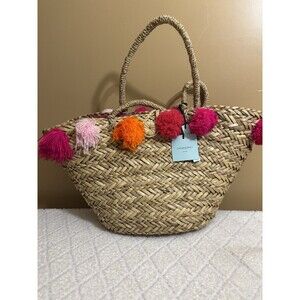 Cynthia Rowley Woven Straw Picnic Beach Bag With Pom Poms. Drawstring Pockets